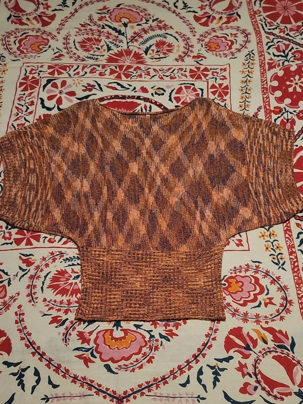 Zinga Abstract Knit Sweater Orange Blue and White With Dolman Sleeve